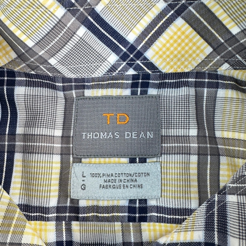 Thomas Dean Button Down Mens Large Yellow Grey Plaid Pima Cotton Long Sleeve - Picture 10 of 13
